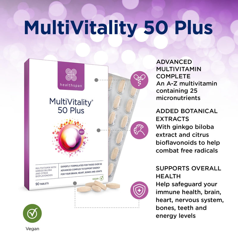 Healthspan Multivitamin 50 Plus | Advance Multivitamin for over-50's | Immune Health Support | 13 Vitamins & 12 Minerals | Ginkgo Biloba & Citrus Bioflavonoids | Vegetarian (90 Tablets) 90 count (Pack of 1)