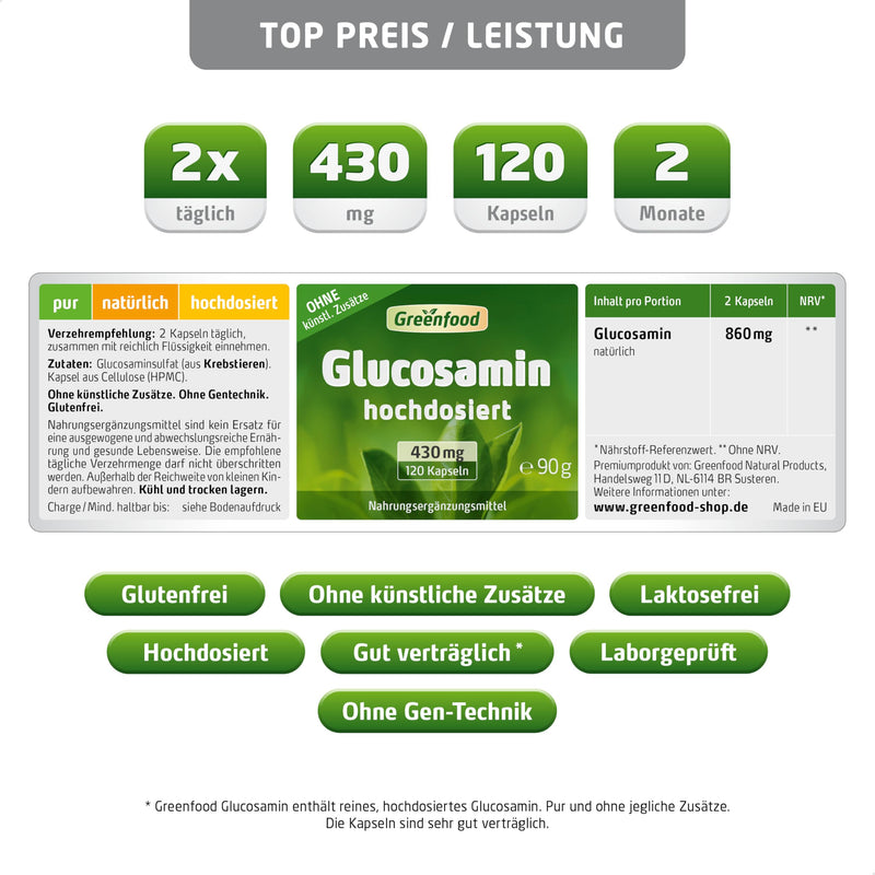 [Australia] - Greenfood Glucosamine, 430 mg, 120 capsules, high dosage - no artificial additives, no genetic engineering (Non GMO). 120 pieces (pack of 1) 