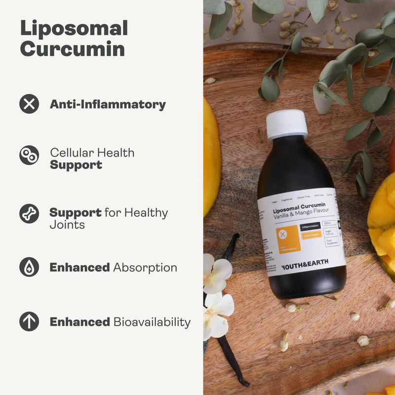 Youth & Earth Liposomal Curcumin Supplements Liquid 250ml – Powerful Anti Inflammatory Supplement for Joint & Cellular Health – Pure Vegan Formula with Vanilla & Mango Flavor – 200mg per Serving