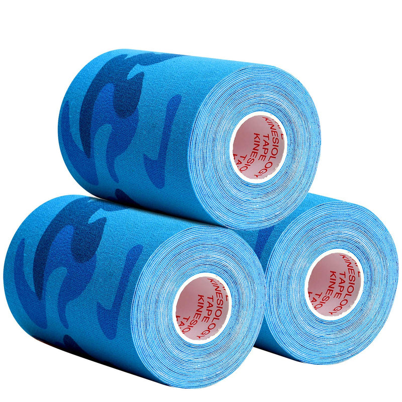 [Australia] - 3 Rolls Kinesiology Tape, Waterproof Elastic Kinesiology Athletic Tape Supports & Protects Muscles, Knees, Shoulders & Plantar Fasciitis, Latex Free Cotton Tape Hypoallergenic - Blue Camo 4in 5.5yd 