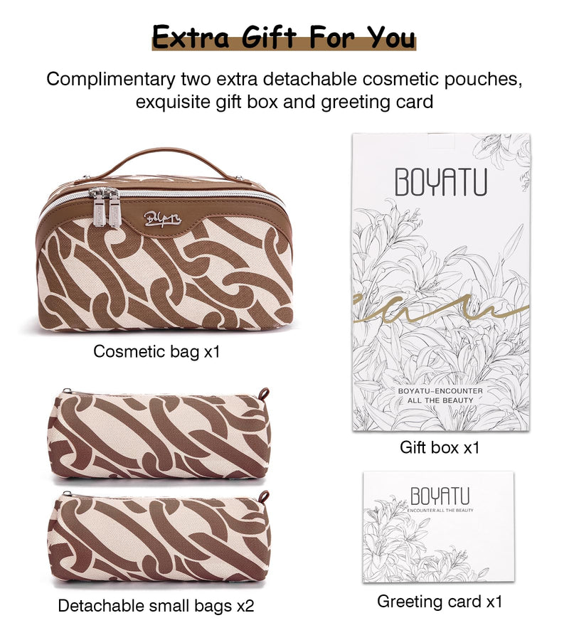 BOYATU Travel Makeup Bag for Women: Large Capacity 3-Piece Cosmetic & Toiletry Organizer - Expands Storage by 50% with 2 Detachable Pouches,Opens Flat for Easy Packing,Waterproof PU Leather(Brown) A-6-Brown
