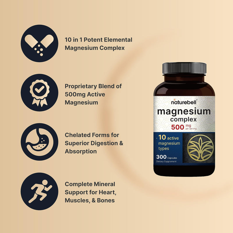 NatureBell Magnesium Complex Supplement 500mg, 300 Capsules | 10 Active Forms – Glycinate, Citrate, Taurate, Plus More | 100% Chelated & Purified | Bone, Heart, & Muscle Support | Non-GMO Magnesium Complex 500mg 300 Count (Pack of 1)