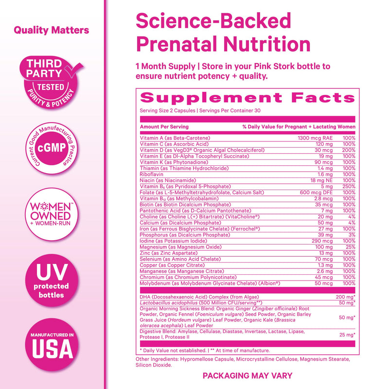 Pink Stork Premium Prenatal Vitamins for Women, 60 Count | No Fishy Burps, Methylated Folate, Choline, Vegan Algae DHA, Iron, Doctor-Formulated, Organic Whole-Foods, Probiotic 60 Count (Pack of 1)