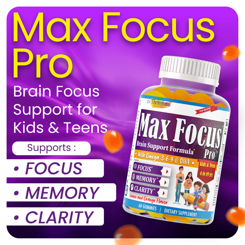 Max Focus Gummies for Kids & Teens with Omega 3 DHA – Brain Focus Supplement for Kids Memory, Attention, Concentration & Clarity Support – Delicious Orange Flavor – 60 Gummies