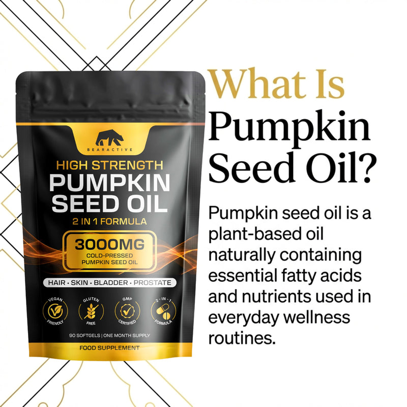 Pumpkin Seed Oil Capsules 2-in-1 Formula – 3000mg High Strength Cold Pressed Pumpkin Seed Oil – Omega 3 6 9 Capsules Supplement – Prostate & Bladder Support – 90 Softgels