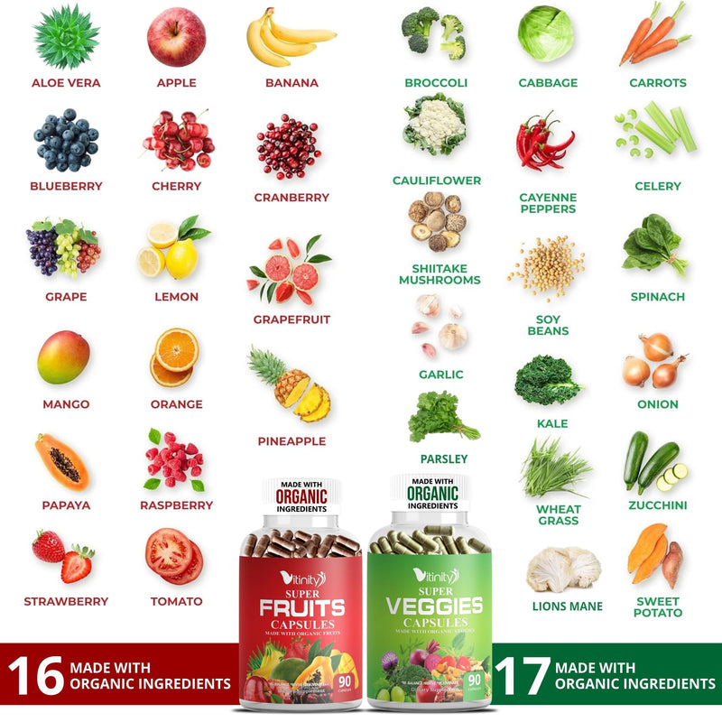 Made with Organic Fruits & Veggies Capsules-Superfood Vegetable Vitamin Supplement for Women & Men-Blend of Fruits and Greens for Daily Health.Fruits and Vegetables Supplements (30-Day Supply) 90 Count (Pack of 2)