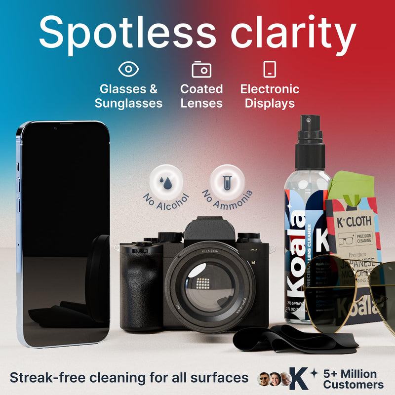 [Australia] - Koala Eyeglass Lens Cleaner Spray Kit | (2x) Glasses Cleaner Bottle + (2x) Microfiber Cloth | Alcohol Free Eyeglasses, Screen, and Camera Cleaning Kit | Made in USA (4 Piece Set) Black / Green 4 Piece Set 