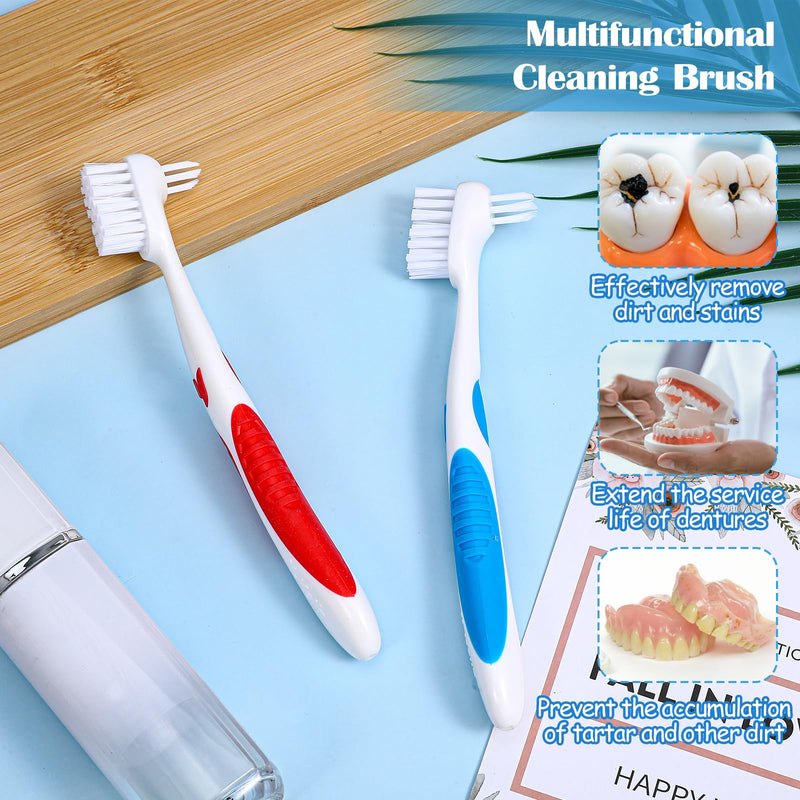 [Australia] - 2PCS Denture Brush Set - Dual-Head Denture Cleaning Brush with Ergonomic Rubber Handle Multi-Layered Soft Bristles (Blue & Red) 
