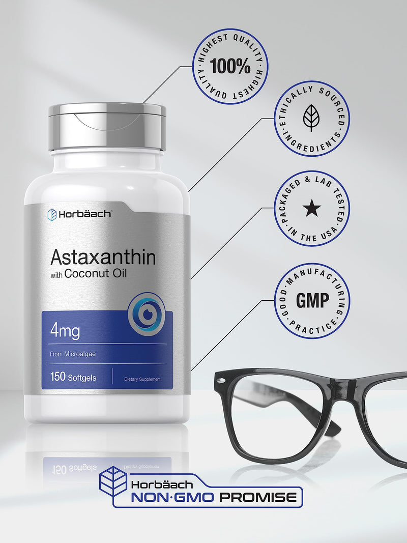 Horbäach Astaxanthin 4mg | 150 Softgels | with Coconut Oil | Supplement from Microalgae | Non-GMO, Gluten Free