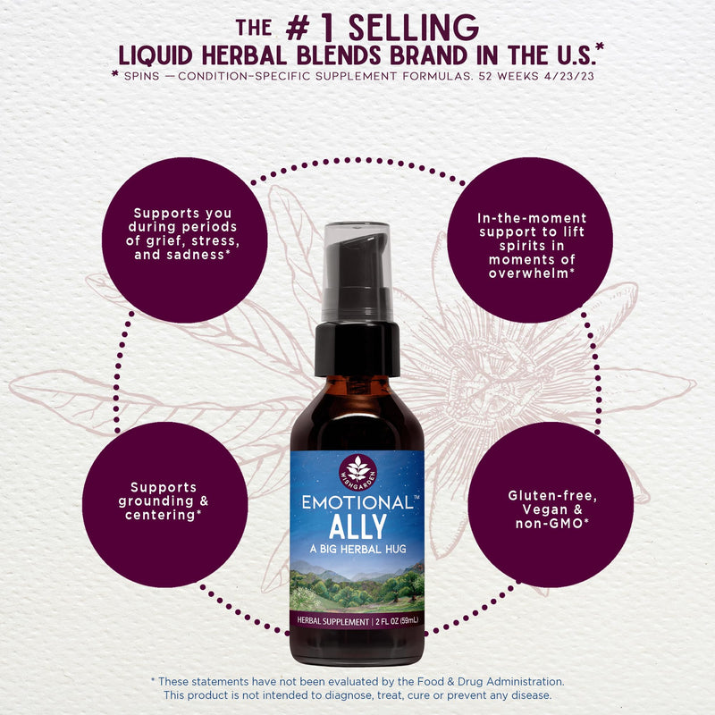 WishGarden Herbs Emotional Ally, 6-Herb Mood & Grief Support Tincture, 2oz | St. John's Wort, Passion Flower, Skullcap, Motherwort & Milky Oat, Eases Nervous Tension, Non-GMO, Vegan, Gluten-Free 2 Fl Oz (Pack of 1)