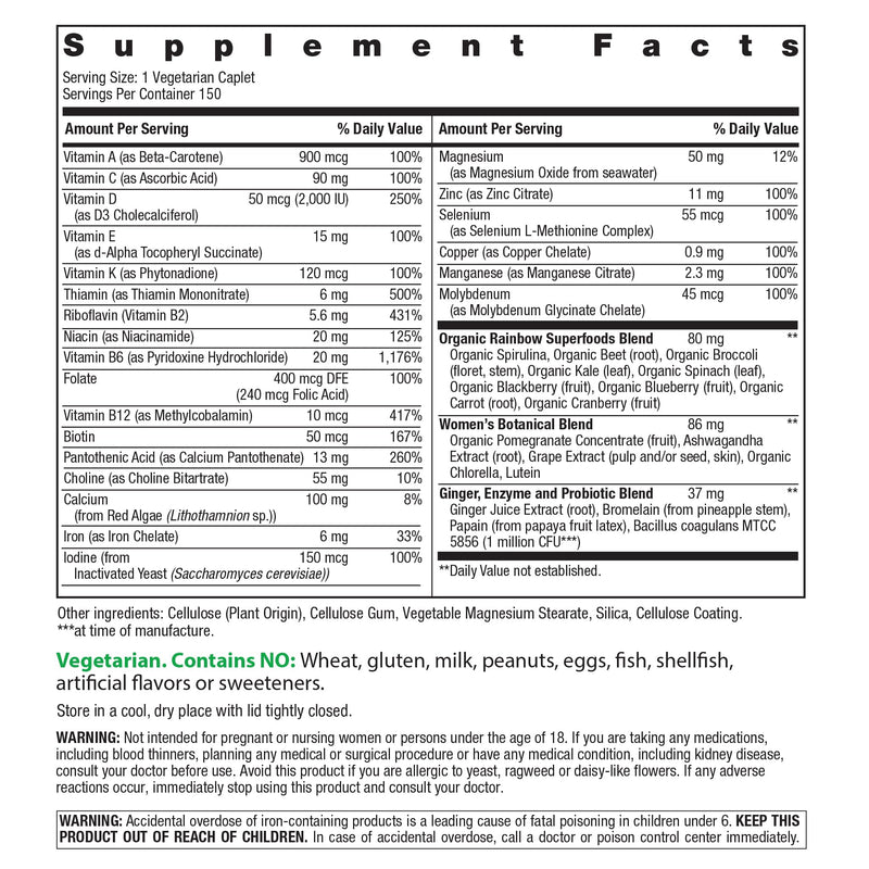 Rainbow Light Womens Multivitamin One + | 150 Caplets | Supports Cellular Energy & Antioxidant Health | Real Food Nutrients, Digestive Enzymes & Probiotics | with Vitamins C, D, and Zinc Women's One 150 Count (Pack of 1)