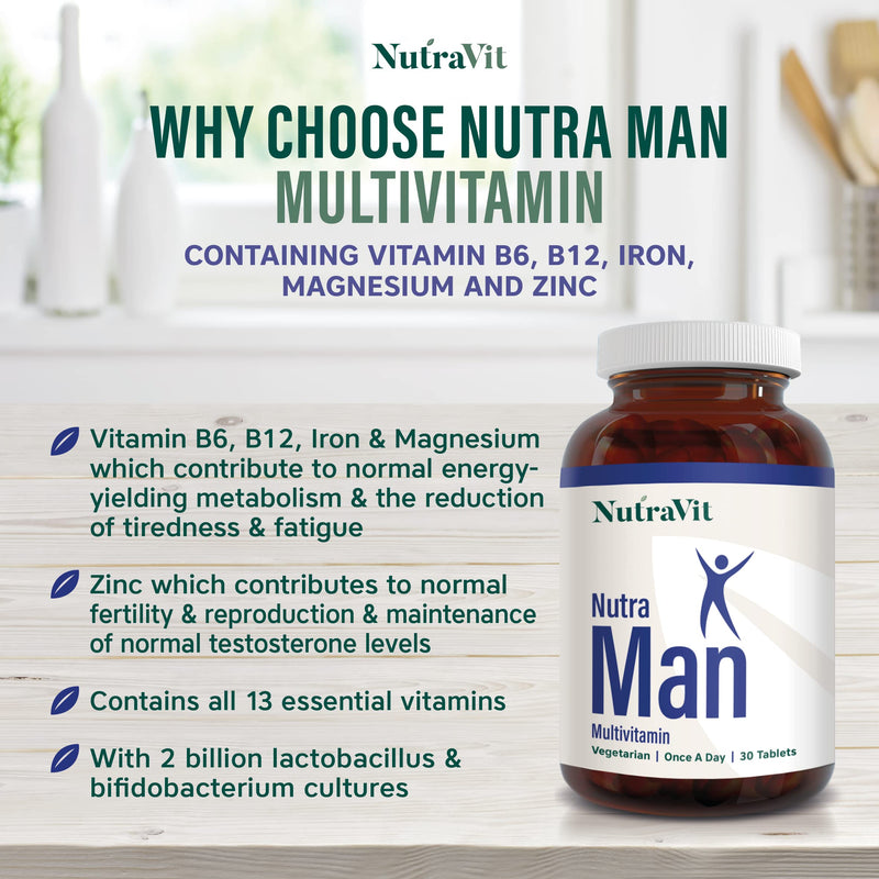 NUTRAMAN - Mens Multivitamin | Vitamins for Men - 30 Tablets - 34 Vitamins & Minerals - Daily Vitamins for Energy & Health - with Probiotics, Panax Ginseng, Amino Acids & Methyl B12 - NutraVit
