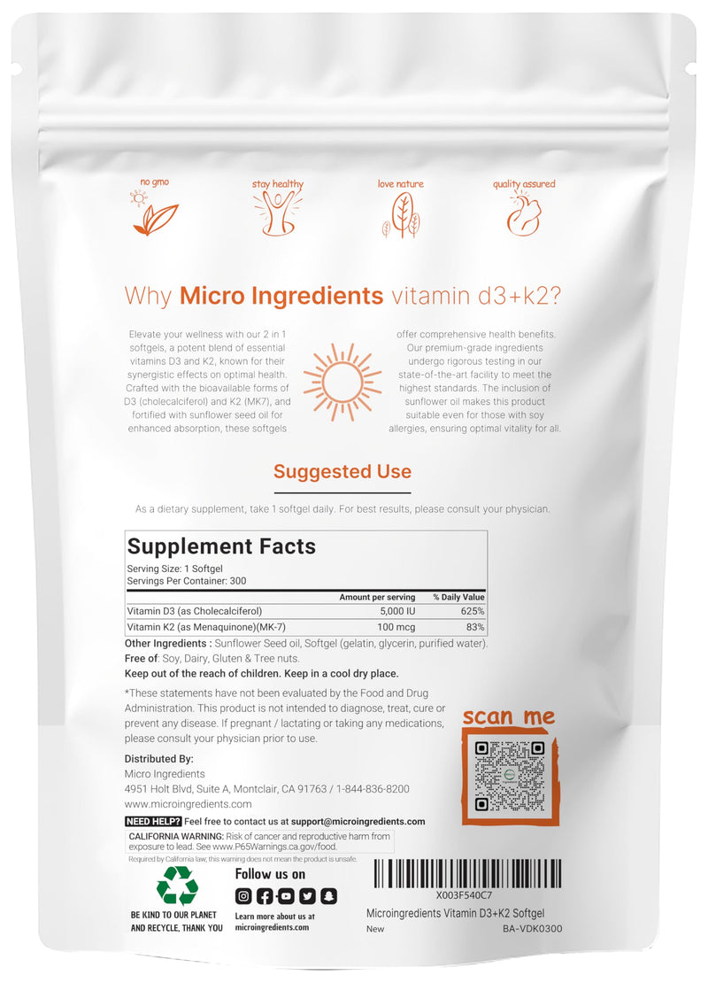 Micro Ingredients Vitamin D3 + K2 MK-7 5,000 IU Per Serving, 300 Softgels | K2 100 mcg Per Serving, D3 & K2 Vitamin Supplement for Women & Men. Easy-to-Swallow, Non-GMO, Gluten Free. 300 Count (Pack of 1)