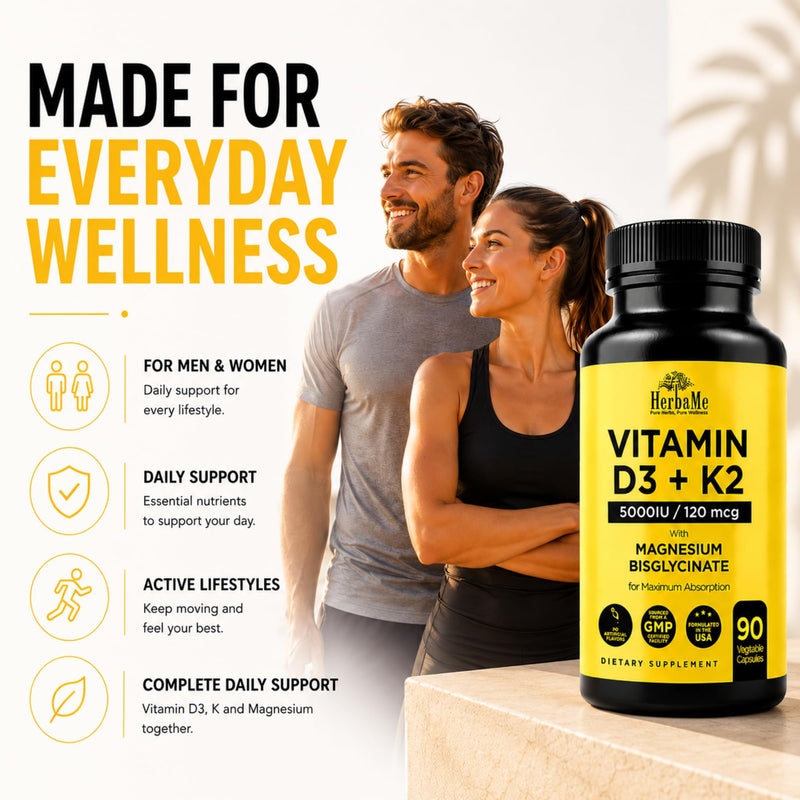 HerbaMe Vitamin D3 5000 IU + K2 with Magnesium Bisglycinate Formula | Complete D3 Activation & Calcium Absorption to Support Bone, Muscle & Immune Health, 90 Capsules