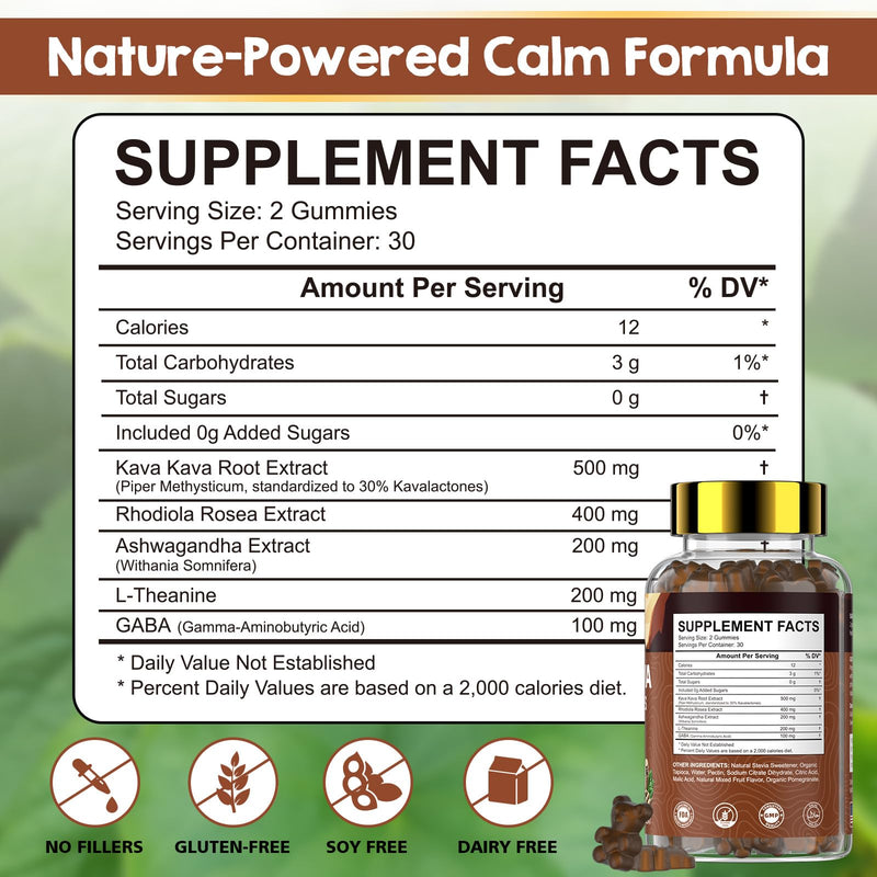[Australia] - Kava Kava Root Extract Supplement: Natural Kava Gummies with L Theanine, Ashwagandha and GABA for Cognitive & Immune Support Herbal Supplement for Adults 