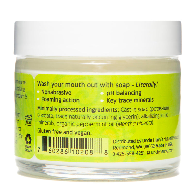 [Australia] - Uncle Harry’s Natural Products Alkalizing Nonabrasive Brushing Soap Tooth Suds, Peppermint, Remineralizes Tooth Enamel and Promotes Alkaline pH, Fluoride Free and Vegan, 2 Ounce Glass Jar 