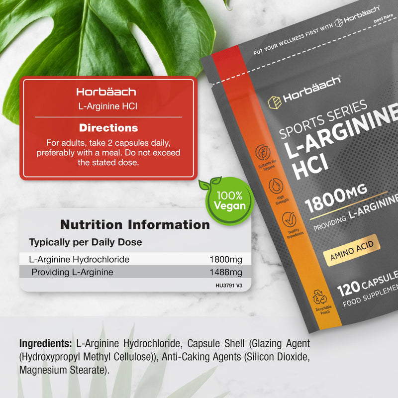 L-Arginine 1800mcg | 120 High Strength Capsules | Amino Acid Supplement for Pre and Post Workout | Keto Diet Friendly | by Horbaach