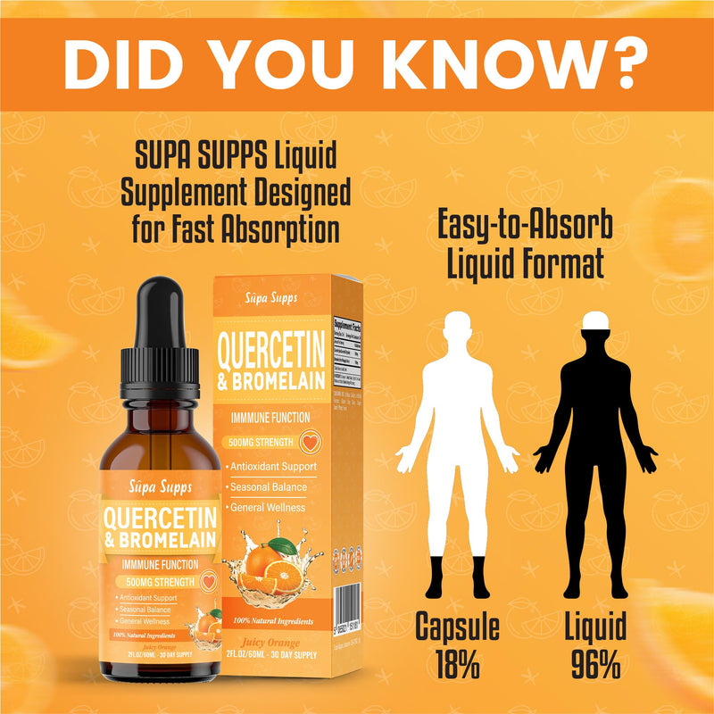 Quercetin Liquid Drops 60ml - High Strength 500mg Per Serving Bromelain Drops - Antioxidant Quercetin Supplement for Absorption - Fast Absorbing Polyphenol Querctin Complex - Orange Flavour