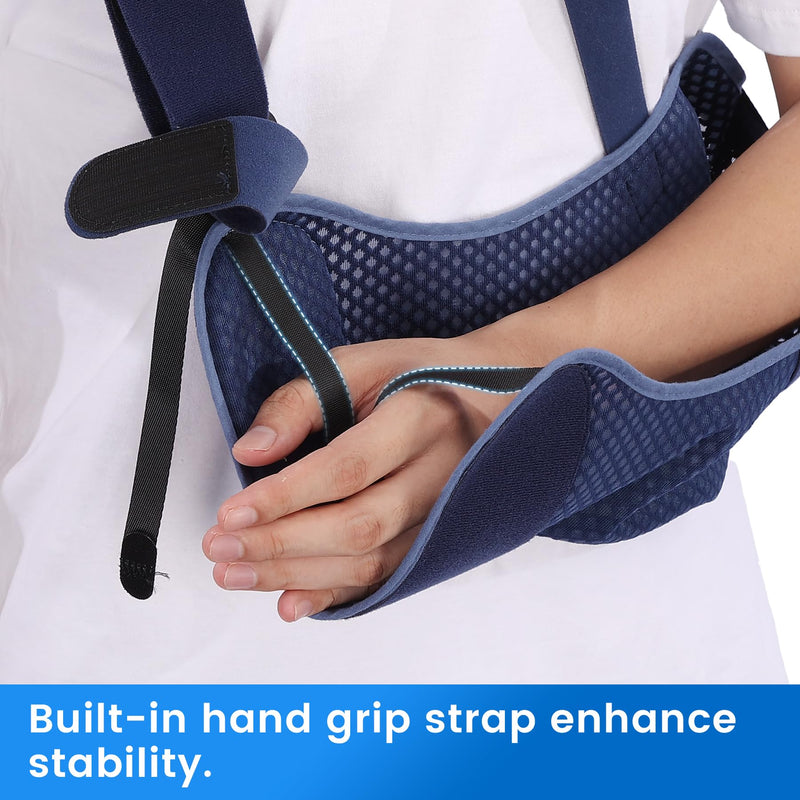 Velpeau Arm Sling Shoulder Immobilizer with Waist Strap, Ventilated & Breathable Design, Arm Support Brace for Shoulder, Rotator Cuff, Elbow, Hand injury (Mesh Version, Blue, Right, L: Bust 40-51″) Large Mesh Version-Right hand