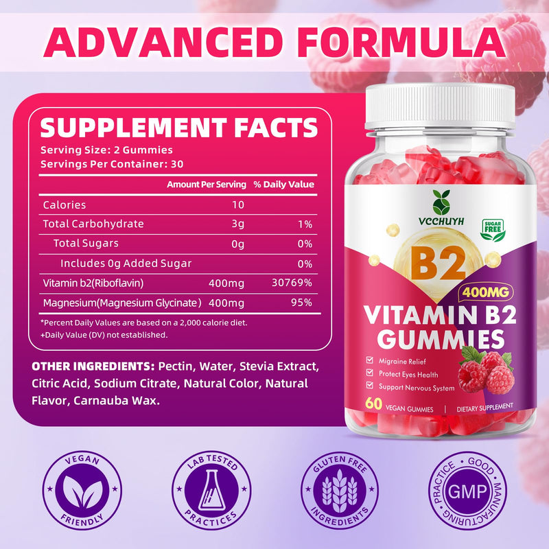 Vitamin B2 Gummies for Kids & Adults, VIT B2 Riboflavin 400mg Supplement with Magnesium for Migraine Relief & Nervous System Support, Non-GMO, Vegan, Raspberry Flavor 60 Count 60 Count (Pack of 1)