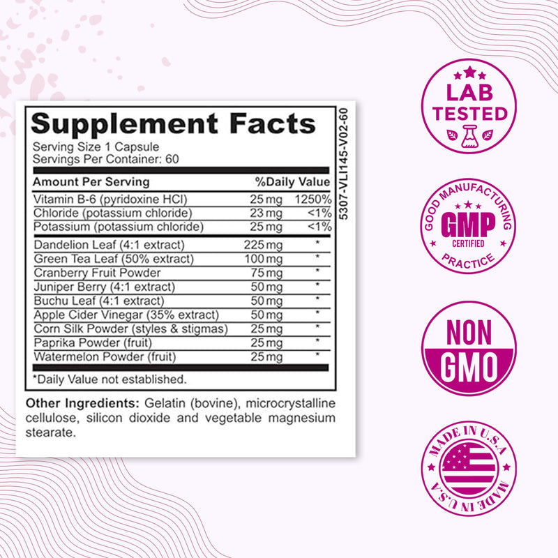 Water Retention Pills for Women Bloating Relief with Vitamin B6, Dandelion & Green Tea Natural Diuretic for Water Draining, Bloating & Swelling Detox Capsules - 60 Caps (2 Months Supply) - by LadyMe