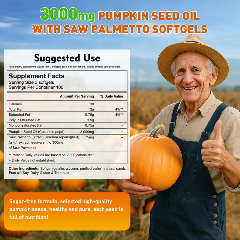 [Australia] - Pumpkin Seed Oil with Saw Palmetto, Pumpkin Seed Oil for Hair, Cold Pressed, Pure Virgin, Essential Fatty Acids & Phytosterols, 3000mg Per Serving, 300 Softgels 