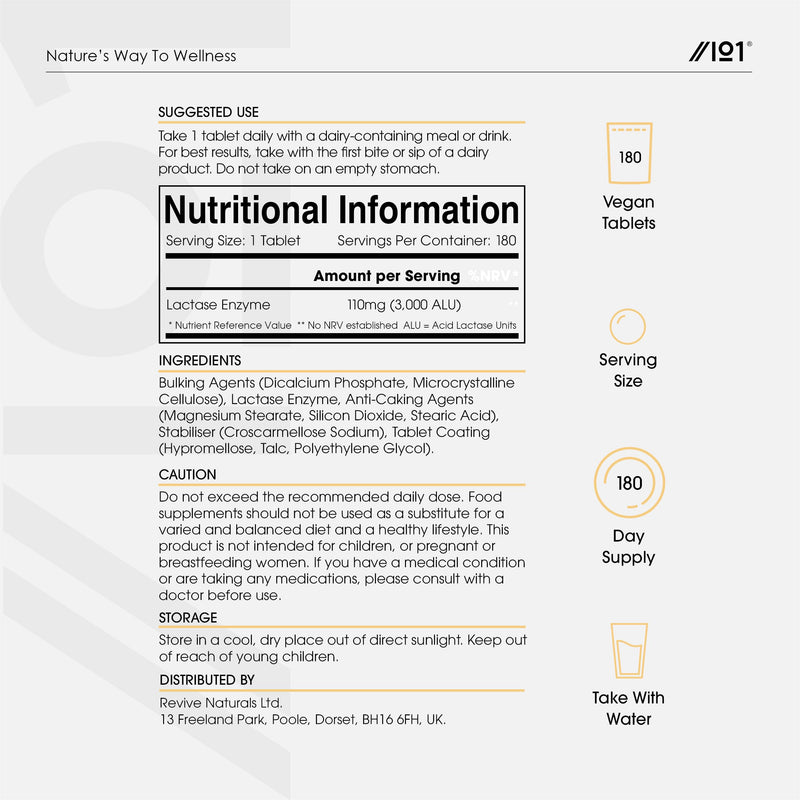 Lactase Tablets 3000 FCC (per Tablet) – 180 Count - Digestive Enzyme Helps Digest Lactose in Milk & Dairy – Support for Lactose Intolerance – by Alpha01