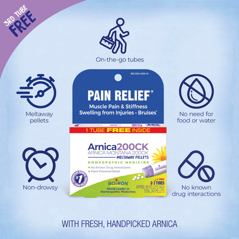 Boiron Arnica Montana 200CK Homeopathic Medicine for Pain Relief, Muscle Pain & Stiffness, Swelling from Injuries, & Bruises - 3 Count (240 Pellets) (Pack of 2) 240 (Pack of 2)
