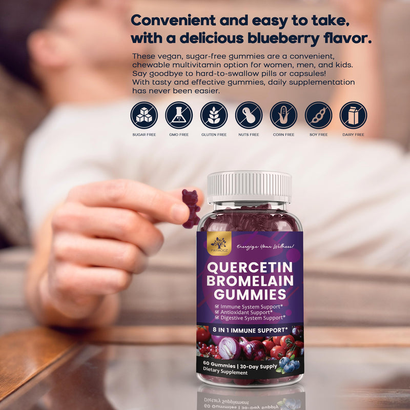(2 Pack) Quercetin Gummies with Bromelain Zinc Elderberry Vitamin C D3 K2, Quercetin 1000mg Supplement with Bromelain 500mg for Cardiovascular, Immune System & Allergy, Vegan Gummy for Adult & Kid 60 Count (Pack of 2)