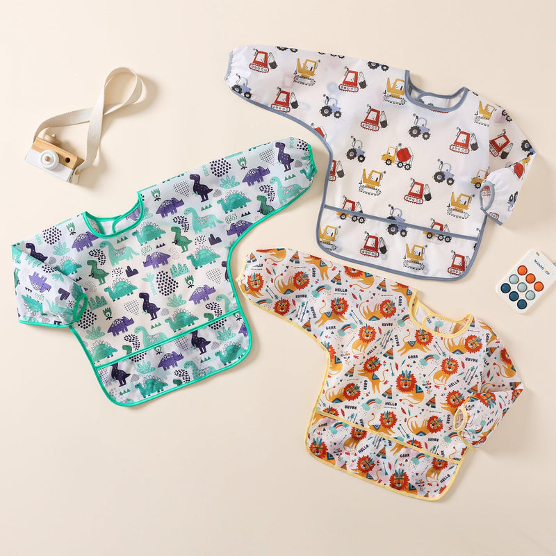 [Australia] - Sleeved Bib,5 Pack,Waterproof Shirt Bibs for Baby 3-24 Months Wipe Clean Dino/Lion/Trucks/Pirate/Forest 