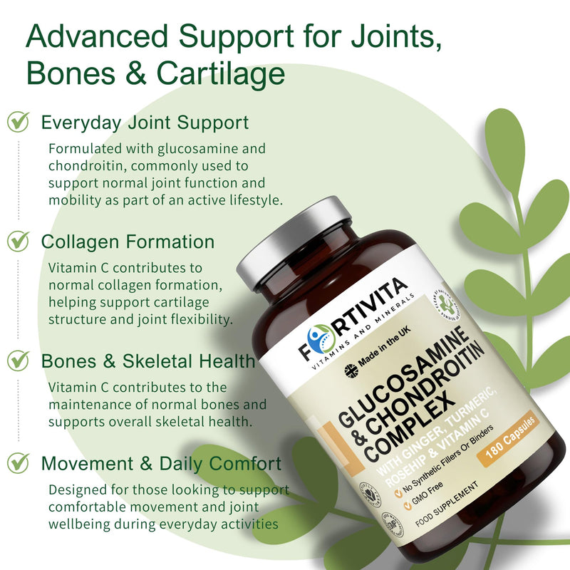 Glucosamine & Chondroitin Complex with Vitamin C, Turmeric, Ginger & Rosehip - UK Made, GMO Free, 180 Capsules