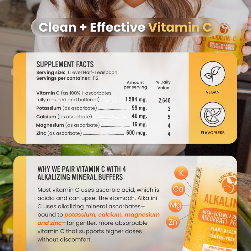 Alkaline for Life Buffered Vitamin C Powder, Corn-Free, L-Ascorbate | 1,584 Mg L-Ascorbate Per Half-Teaspoon; With Potassium, Calcium, Magnesium, Zinc; Non-Acidic, Gentle; Vegan 8 Ounce (Pack of 1)