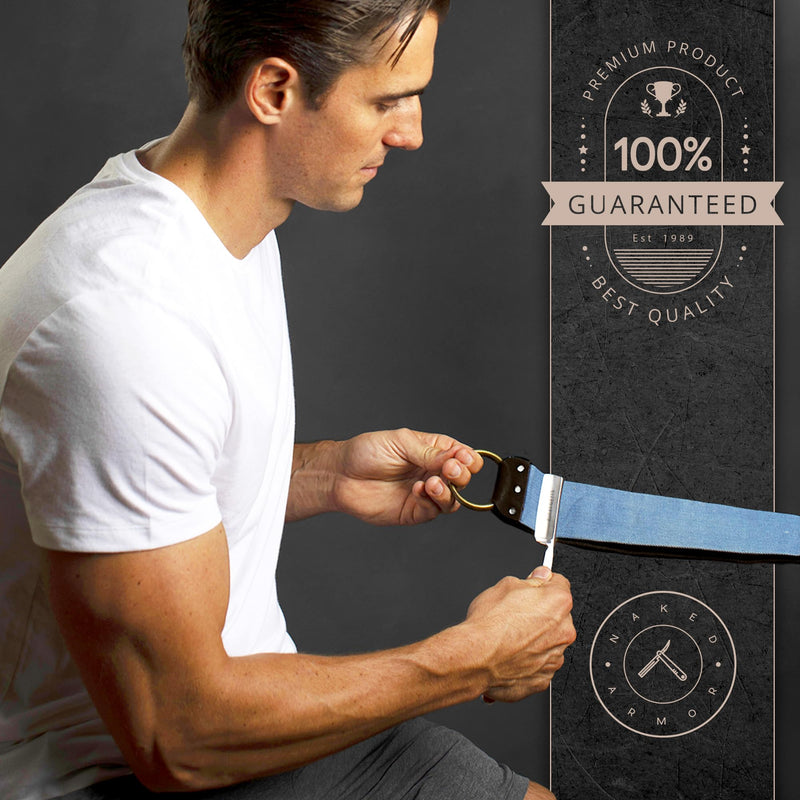 Shaving Leather Strop - Straight Razor Strop, Razor Strop With Elegant Black Leather, Riveted Brass Anchor Hooks, Blue Linen Stropping Belt For Cleaning, Knife Sharpening Strop, Keeps Your Blade Sharp
