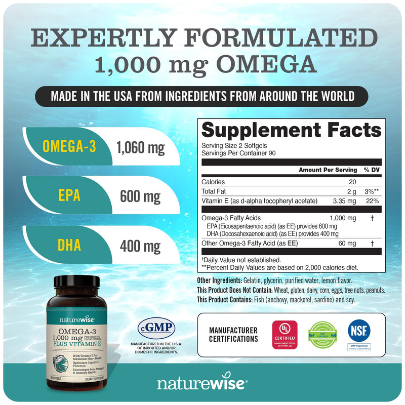 NatureWise High-Potency 1000mg Omega 3 600mg EPA 400mg DHA Vitamin E 180ct & 1000mcg Vitamin B12 150 Softgels Supplement Bundle
