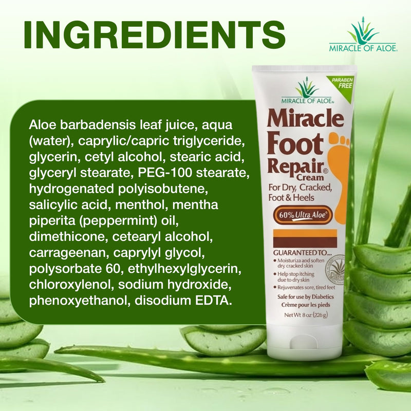 Miracle Foot Repair Cream, 8 Oz 2 Pack, For Dry Cracked Heels & Feet | 60% UltraAloe Aloe Vera Foot Moisturizer, Non Greasy Fast Absorbing Cream For Rough Dry Skin, Calluses & Night Care 8 Ounce (Pack of 2)