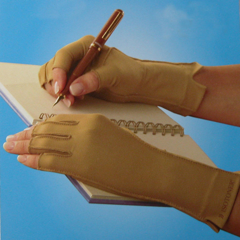 isotoner Women & Men Arthritis Compression Rheumatoid Pain Relief Gloves for joint support with Open/Full finger design Camel Large