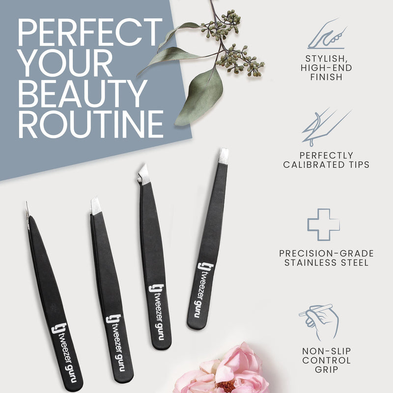 [Australia] - Tweezer Guru Eyebrow Tweezer Set (4-Piece) for Women & Men - Professional Slant and Pointed Tweezers Set with Case - Precision Tweezers Kit for Facial Hair, Splinter and Ingrown Hair Removal 4 Pack 