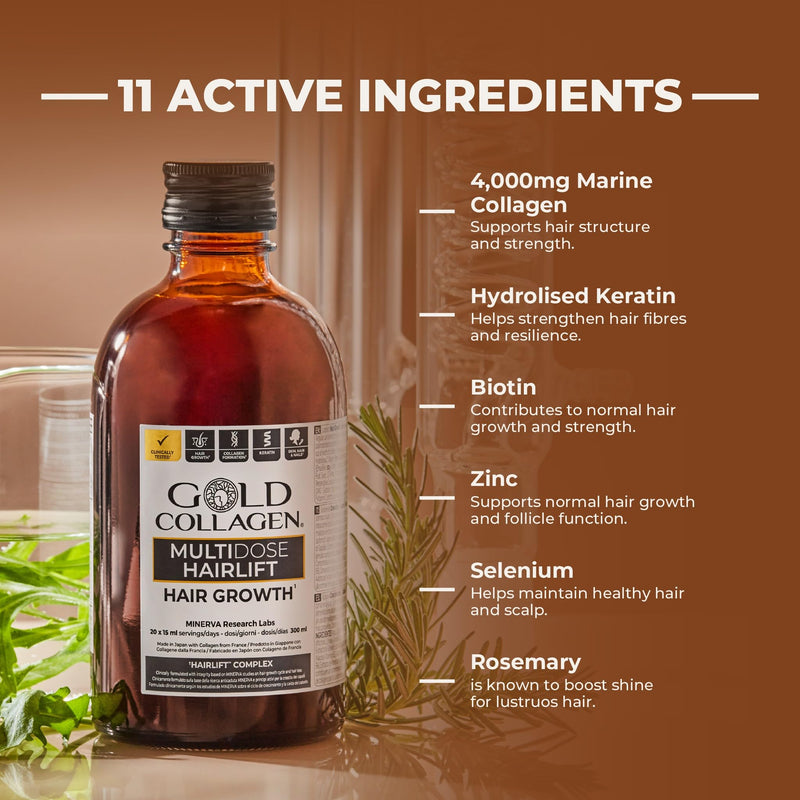 GOLD COLLAGEN Multidose Hairlift - Biotin Hair Growth Marine Collagen Supplements for Women & Men with Hyaluronic Acid, Zinc, Hair Vitamins and Keratin Hair Treatment Also for Skin and Nails, 300 ml