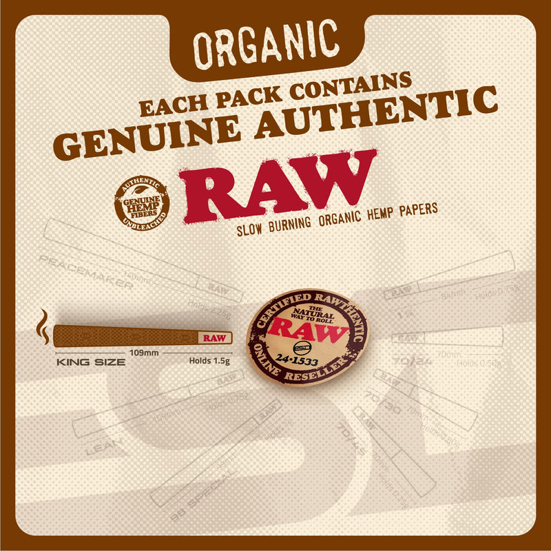 [Australia] - RAW Cones Organic King Size | 100 Pack | Pre Rolled Papers with Tips Included 