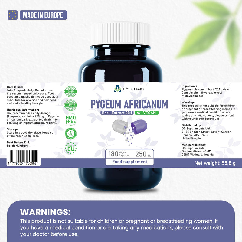 Pygeum Africanum 5,000mg Equivalent | High Strength 250mg 20:1 Bark Extract (13% Phytosterols) | 180 Vegan Capsules | Men's Daily Wellbeing | GMP & 3rd Party Lab Tested