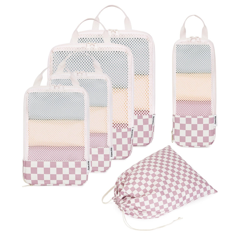 Narwey Small Checked Hanging Travel Toiletry Bag with 6 Set Compression Checkered Packing Cubes