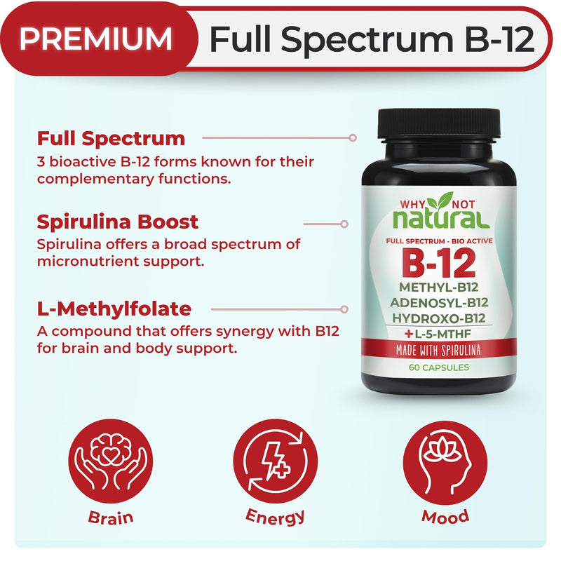 Why Not Natural Vitamin B12 5000 mcg Supplement with Methylcobalamin, Adenosylcobalamin and Hydroxy B12 Complex with Methylfolate 1000 mcg, L-5-MTHF, Made with Spirulina