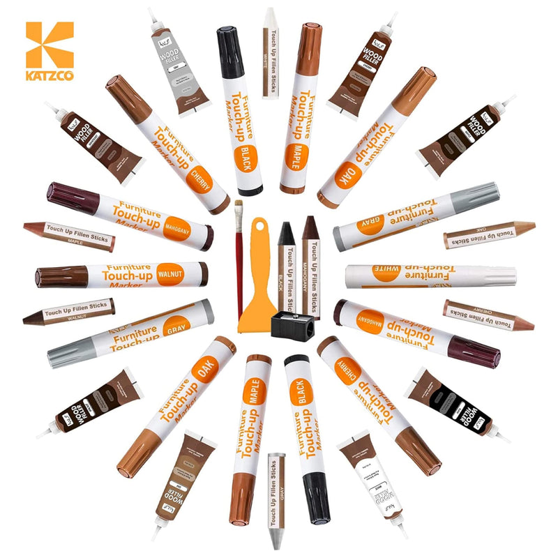 [Australia] - Katzco Furniture Repair Kit Wood Markers - Set of 34 - Markers and Wax Sticks with Sharpener - for Stains, Scratches, Floors, Tables, Desks, Carpenters, Bedposts, Touch-Ups, Cover-Ups 