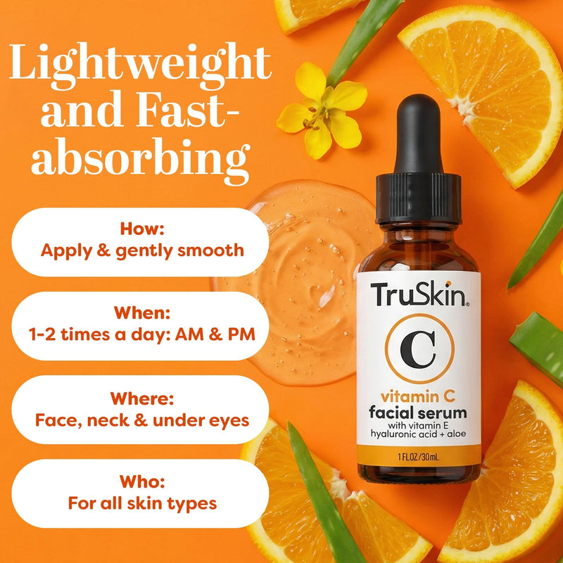 TruSkin Brightening Vitamin C Serum for Face with Hyaluronic Acid, 2 fl oz | Anti aging face serum with Vitamin E to improve the look of dark spots, fine lines, skin tone & support radiant-looking skin 2 Fl Oz (Pack of 1)