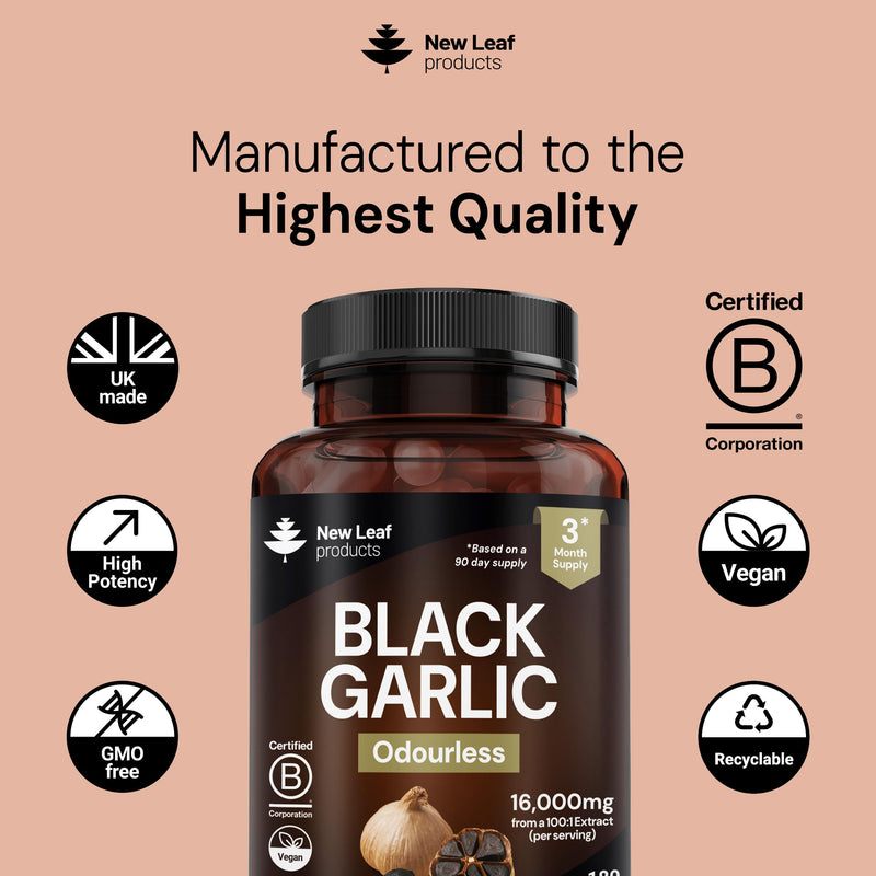 Aged Garlic Extract Capsules 16,000mg Equivalent (160mg 100:1 Extract) – Odourless Black Garlic Capsule with Naturally Occurring SAC & Polyphenols – 3 Month Supply
