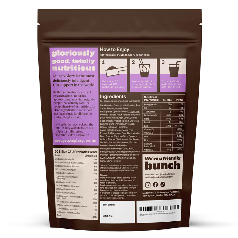 Guts to Glory - Gut Health Blend Made in UK with wholefoods - 50 Billion CFU Complete Gut Powder - Probiotics, Prebiotics/Fibre, Digestive Enzymes - Vegan Gut Health - (Double Chocolate) Double Chocolate