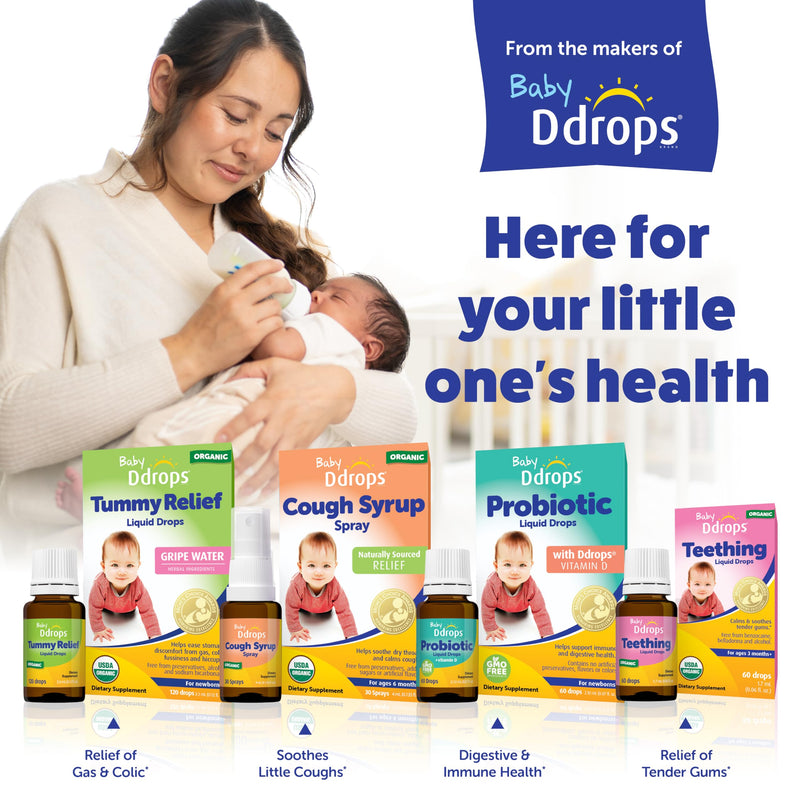 Ddrops Baby Organic Teething Relief Liquid, Calms and Soothes Baby's Tender Gums Naturally, Easy-to-Use Drop Format, 3 months +, 60 Drops