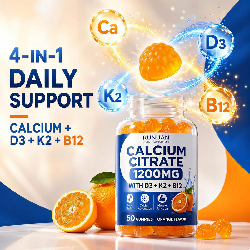 2 Pack Calcium Citrate 1200mg Gummies with Vitamin D3 K2 B12 For Women Men | Calcio D3 K2 B12 Supplement For Strong Bones Teeth Muscles Daily Energy Support, Sugar Free, Vegan Orange Gummy, 120 Count 120 Count (Pack of 1)