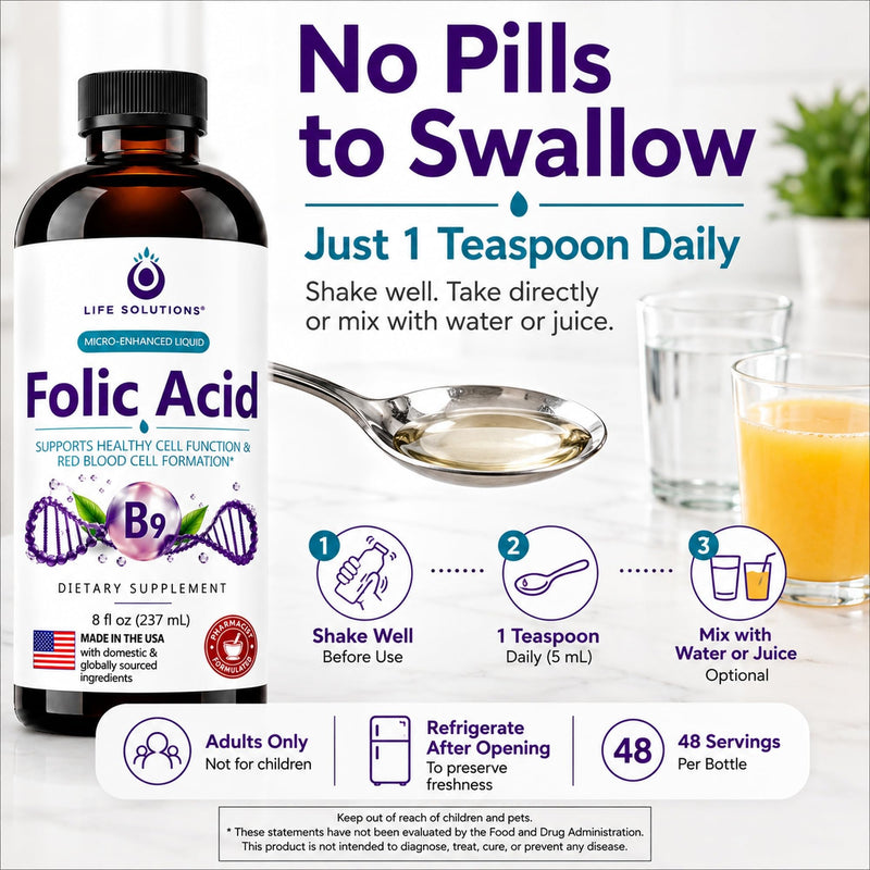 Life Solutions Liquid Vitamin B9 Folic Acid 800mcg Berry - 8oz | 800 mcg Liquid Vitamin B9 (Folic Acid) Berry Flavor – Fast absorption for prenatal, heart & brain support