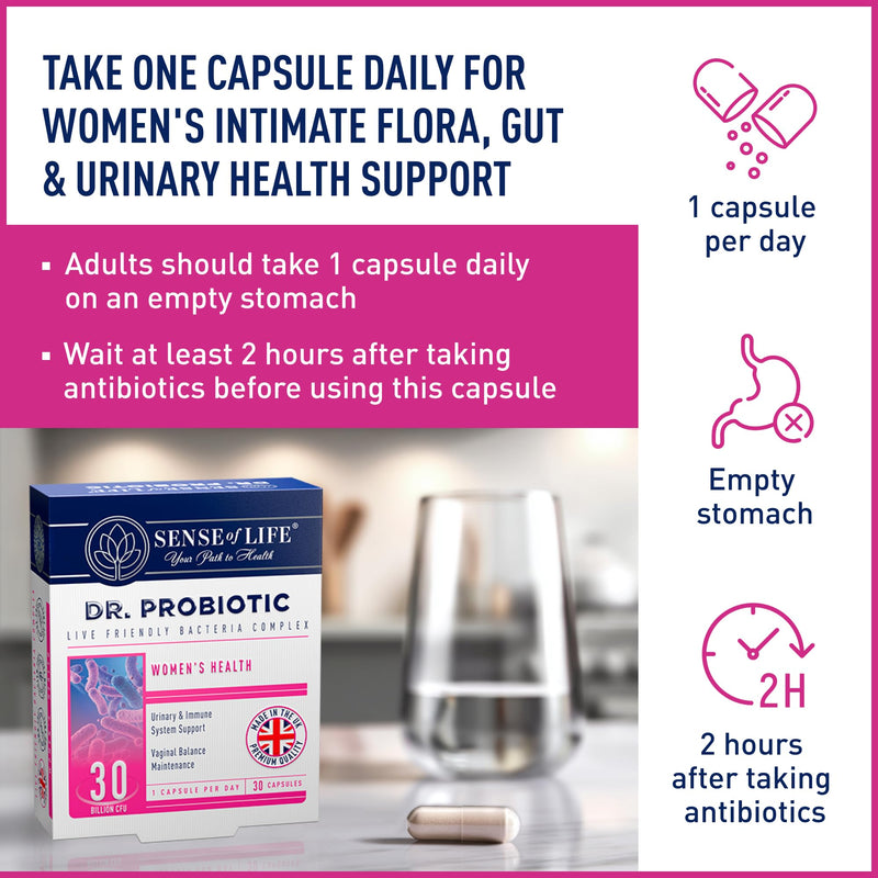Sense of Life Dr. Probiotic Complex for Women's Health, 30 Capsules – 30 Billion CFU – Probiotics & Prebiotics, D-Mannose & Cranberry - Supports Women's Intimate Flora, Gut & Urinary Health